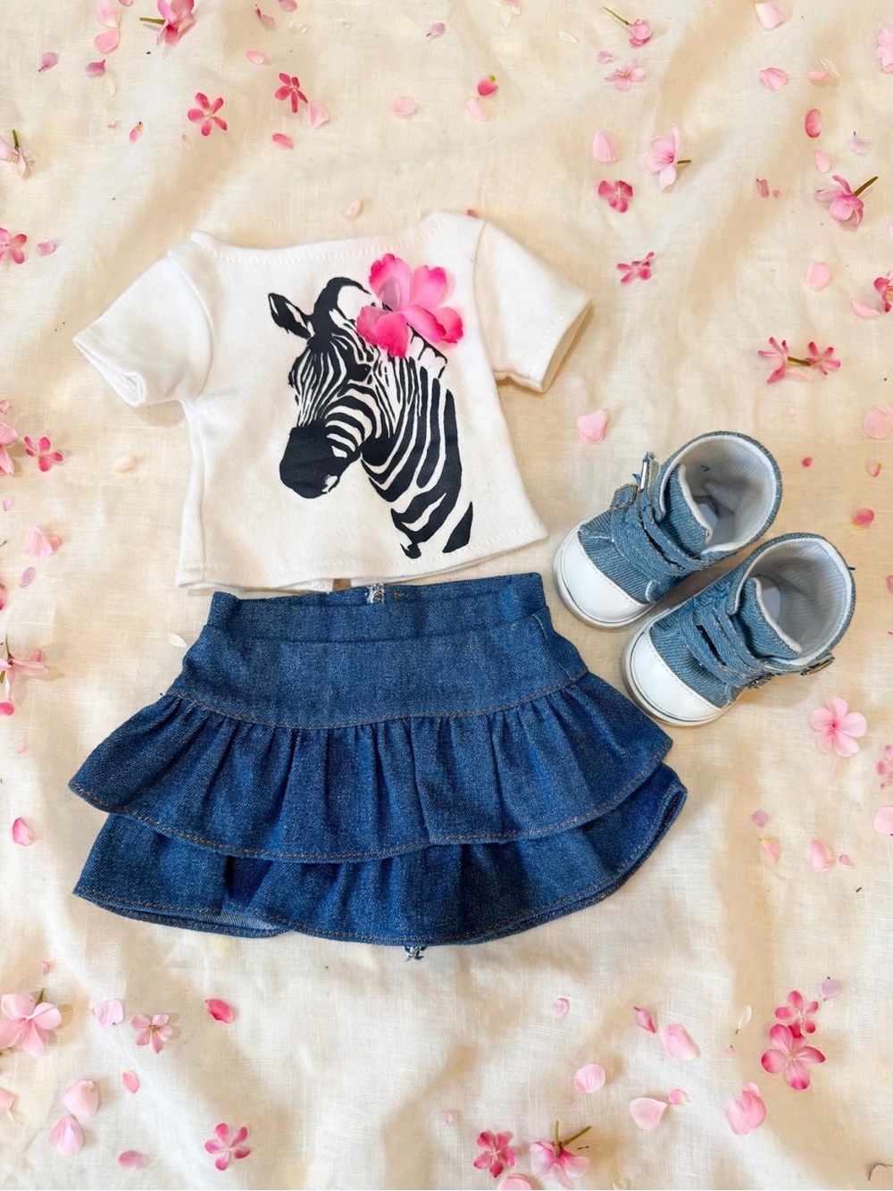 White Zebra Graphic Tee with Denim Ruffle Skirt and Blue Sneakers fits 18” Dolls